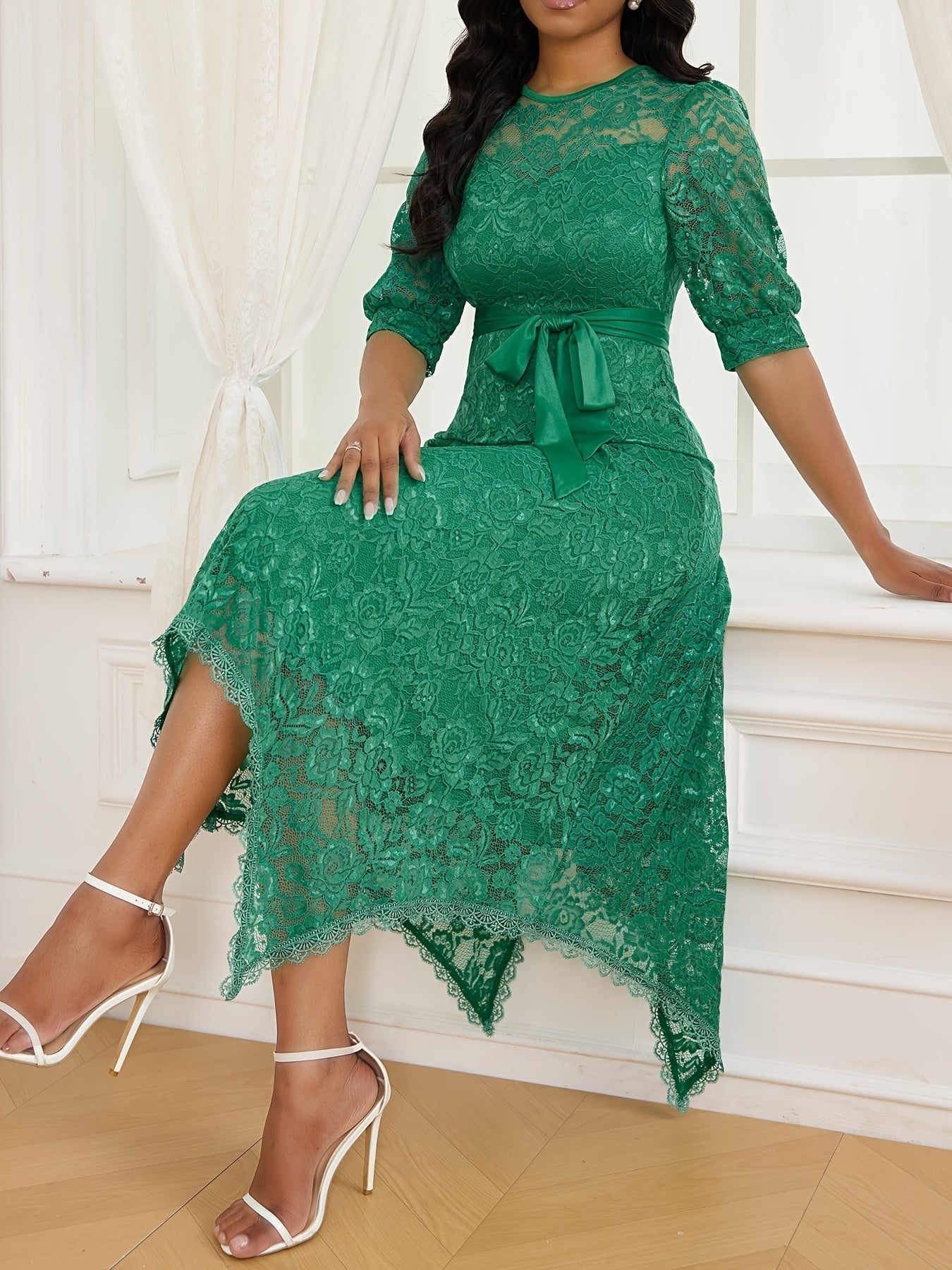 Elegant Green A-Line Dress with Asymmetrical Hem & Tie Belt