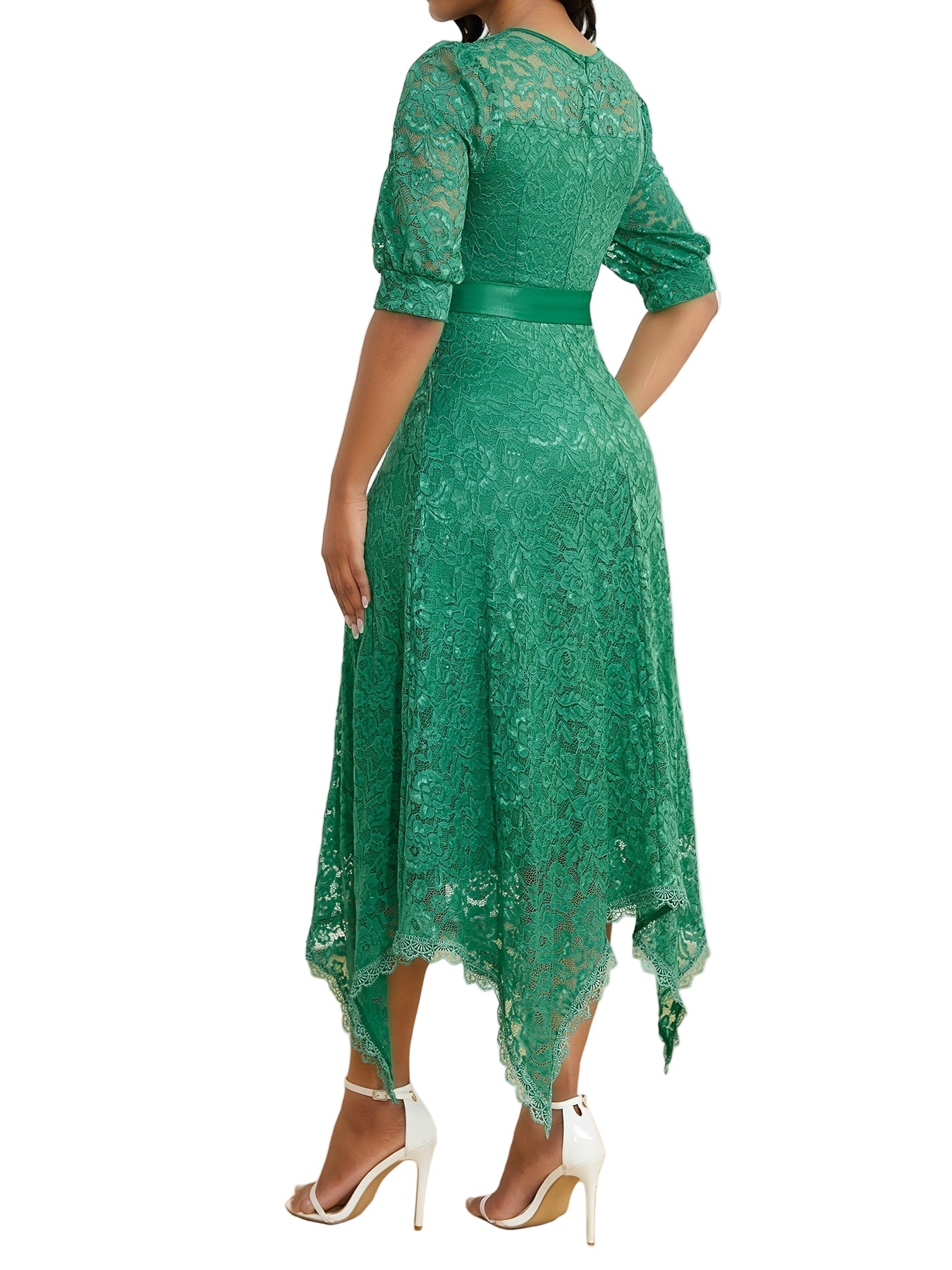 Elegant Green A-Line Dress with Asymmetrical Hem & Tie Belt