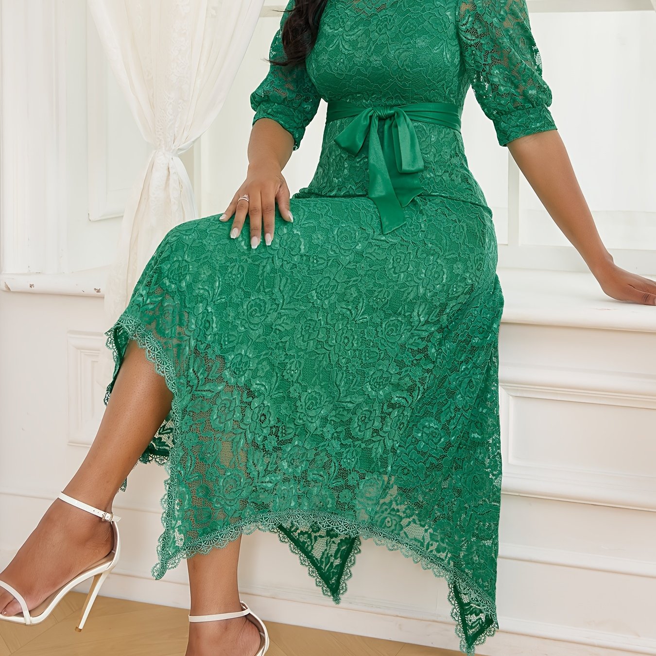 Elegant Green A-Line Dress with Asymmetrical Hem & Tie Belt