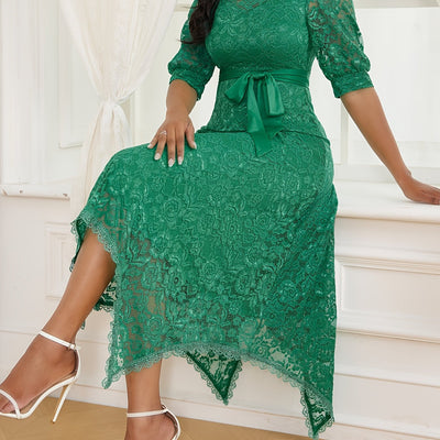 Elegant Green A-Line Dress with Asymmetrical Hem & Tie Belt