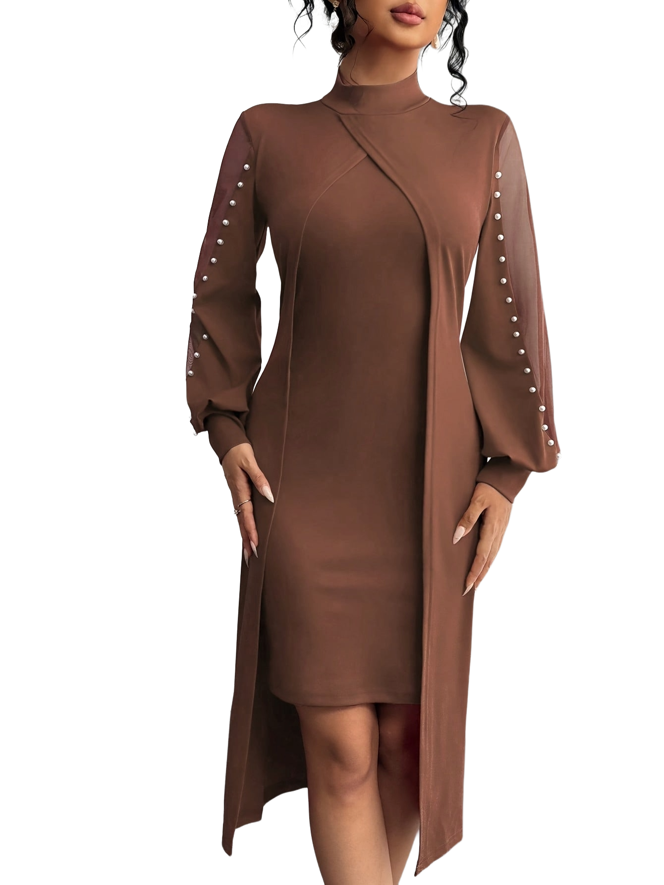 Women's Fitted Dress with Beaded Lace Splicing