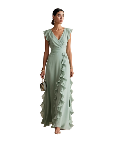 Women's Woven Floral Maxi Dress with Lapel Collar & Ruffles