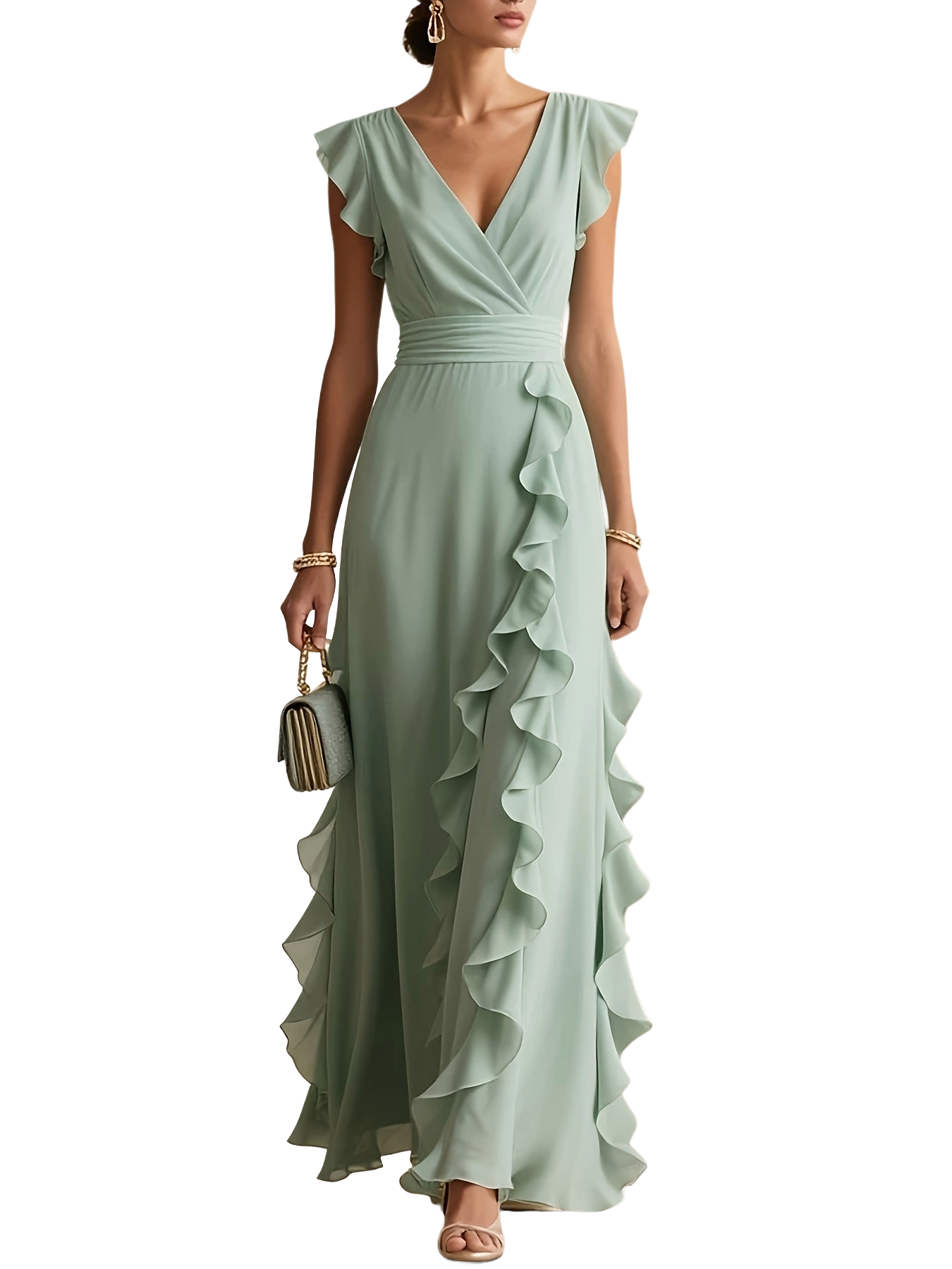 Women's Woven Floral Maxi Dress with Lapel Collar & Ruffles