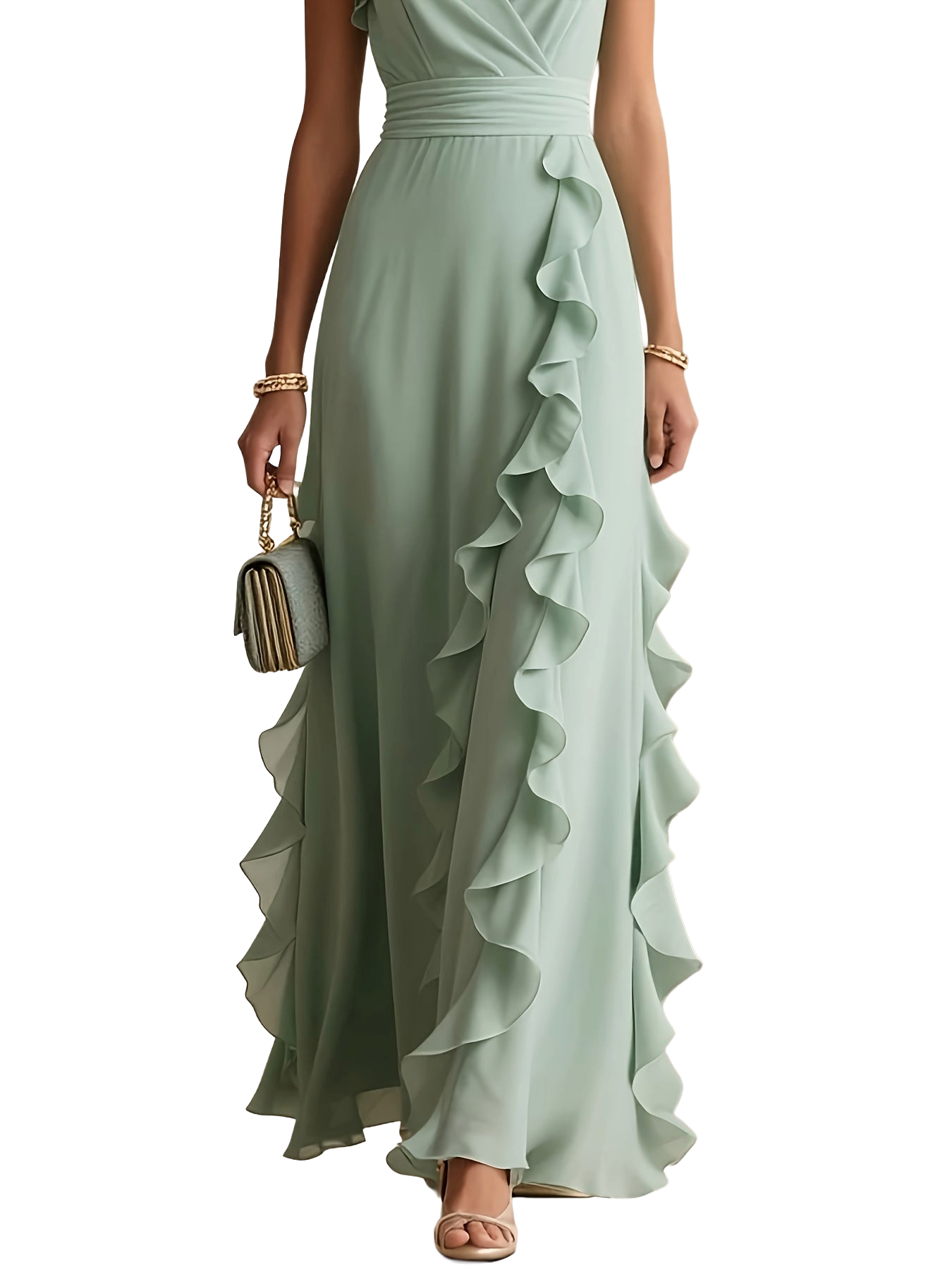 Women's Woven Floral Maxi Dress with Lapel Collar & Ruffles