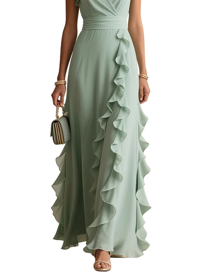 Women's Woven Floral Maxi Dress with Lapel Collar & Ruffles